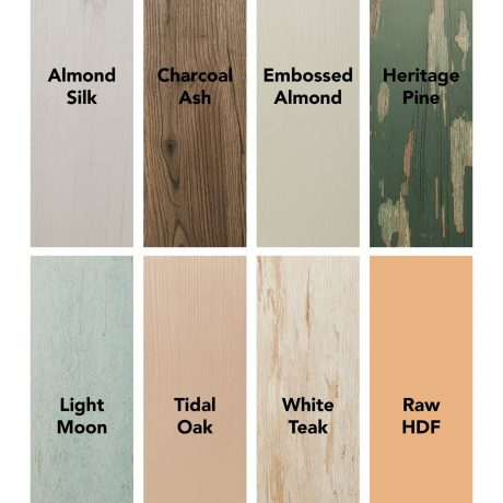 Bella Group Australia Panels Door Colours , Almond Silk, Charcoal Ash, Embossed Almond, Heritage, Light Moon, Tidal Oak, White Teak, Raw HDF